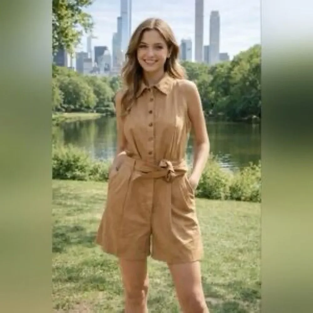 Banana Republic Safari Camp Romper Tan Linen Cotton Belted Women 4 Granola Girl